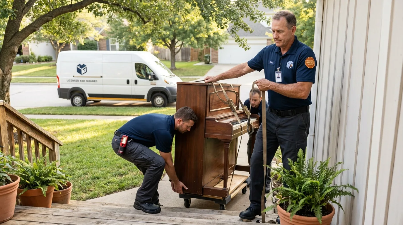 Licensed piano movers securing grand piano in Brownsville, KY