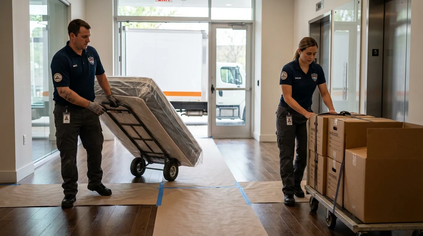 Professional apartment movers loading elevator in Brownsville, KY