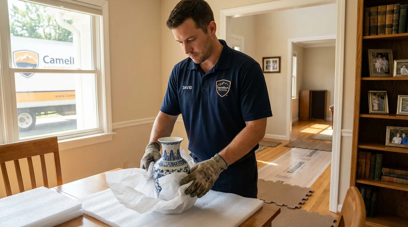 Professional crew carefully wrapping antique vase for senior downsizing move in Brownsville, KY