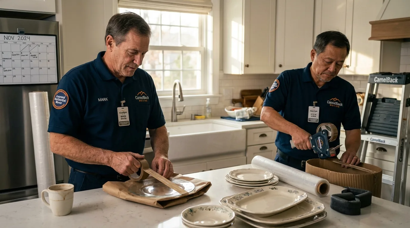 Professional crew packing kitchen dishware in Brownsville, KY